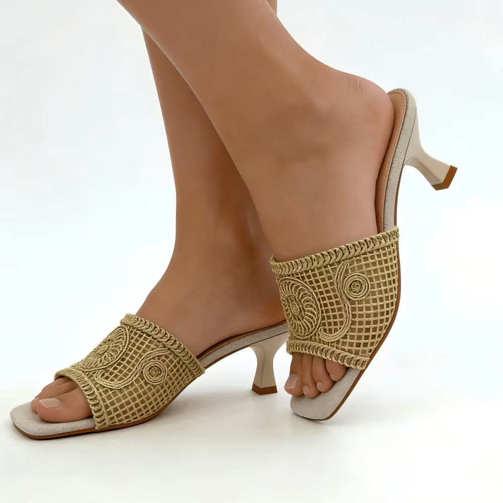 Women's Square-Toe Mule Sandals – Embroidered Mesh, Spool Heel, Golden Thread Detail