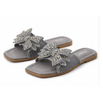 Women’s Square-Toe Rhinestone Bow Slide Sandals – Cushioned Flat Slip-On Shoes