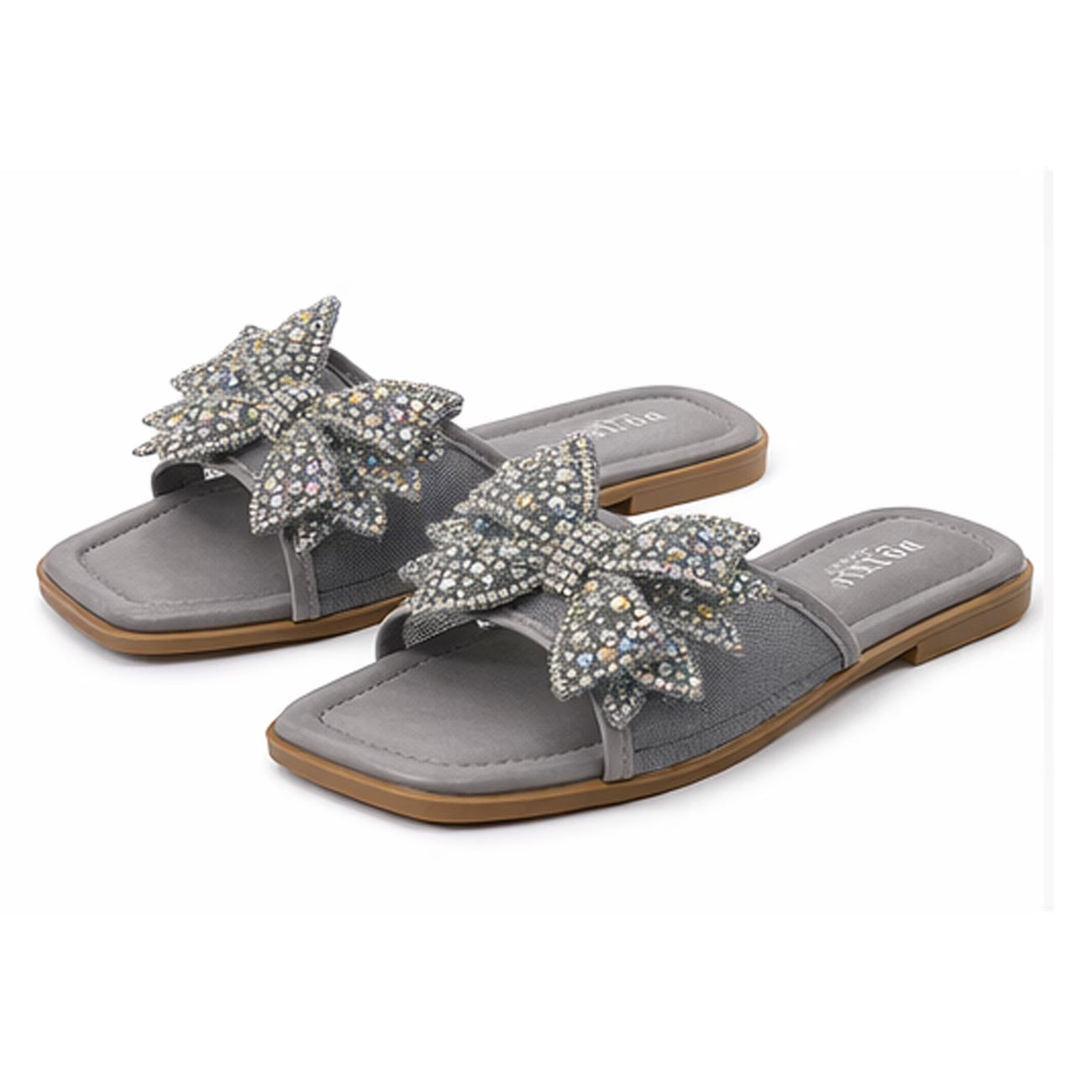 Women’s Square-Toe Rhinestone Bow Slide Sandals – Cushioned Flat Slip-On Shoes
