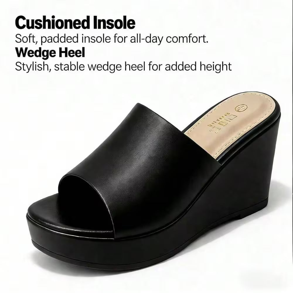 Women's Wedge Heel Mule Sandals – Platform Peep Toe, Cushioned Slip-On Design