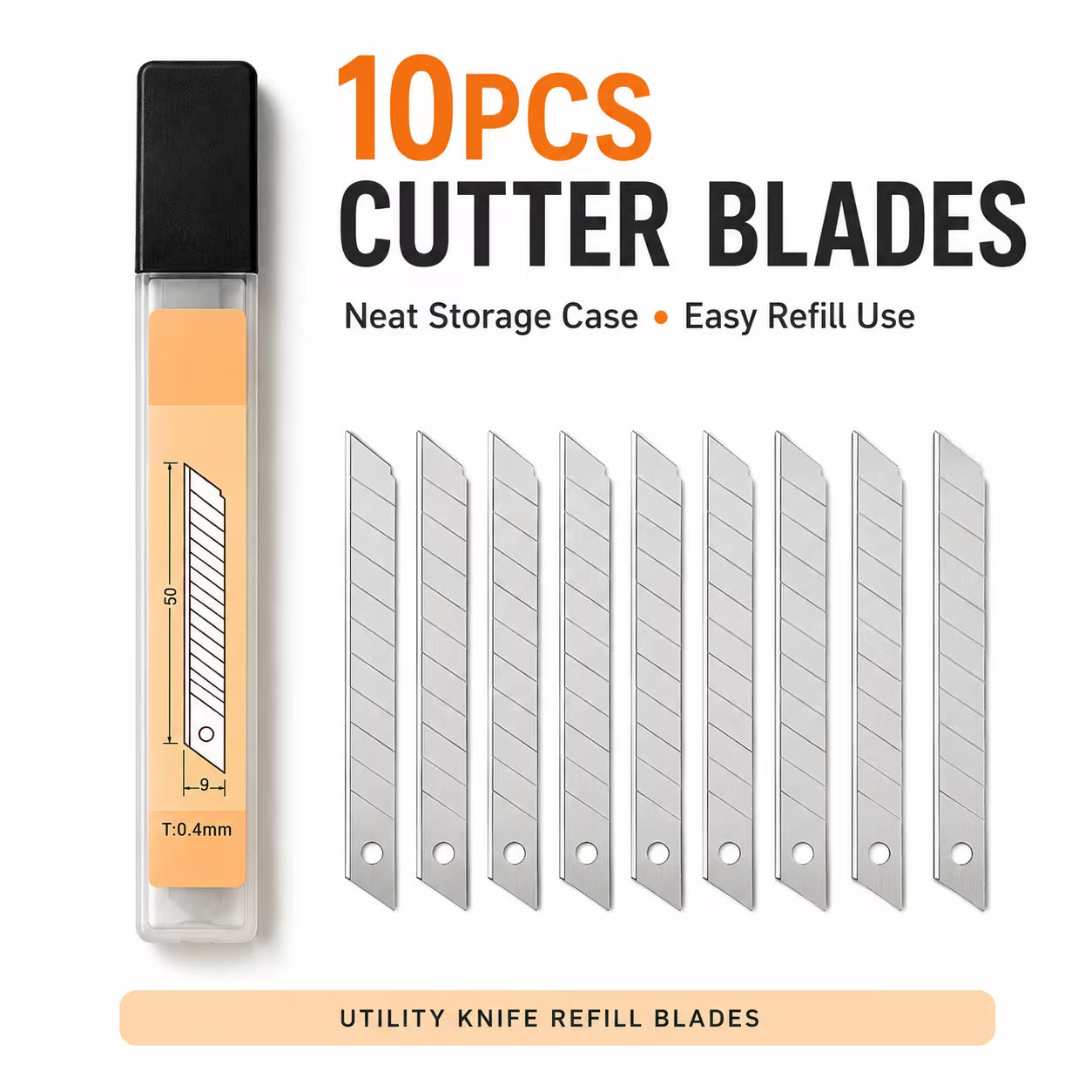 10pcs Snap-Off Utility Knife Blades – Silver, 0.4mm Carbon Steel Replacement Cutter Blades for Box Cutter, Paper, Cardboard, Crafts & DIY