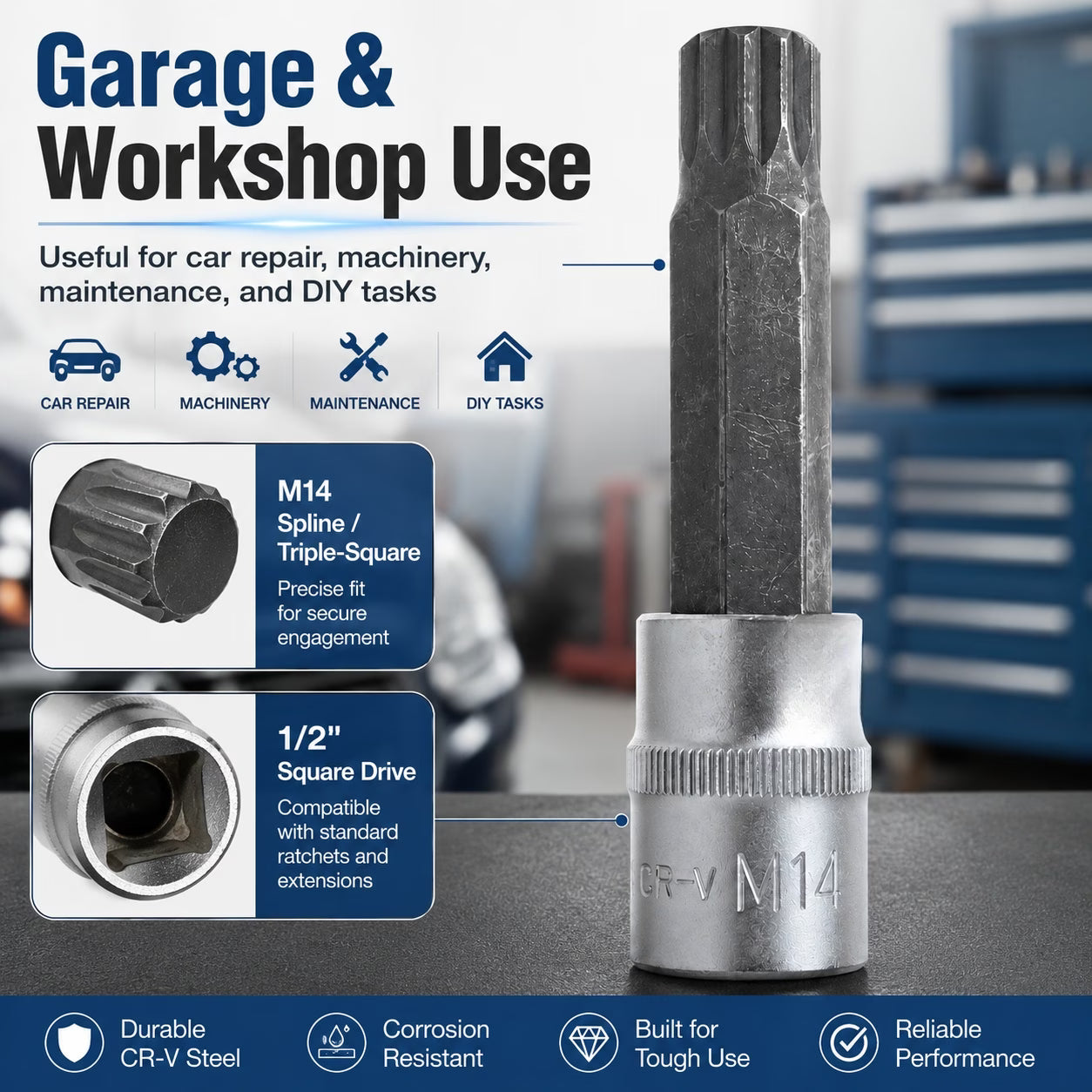 M14 Spline Bit Socket – Silver, 1/2-Inch Drive, 4-Inch Long CR-V Triple Square Socket for Ratchet, Automotive Repair & DIY