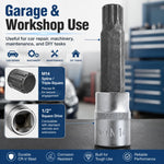 M14 Spline Bit Socket – Silver, 1/2-Inch Drive, 4-Inch Long CR-V Triple Square Socket for Ratchet, Automotive Repair & DIY