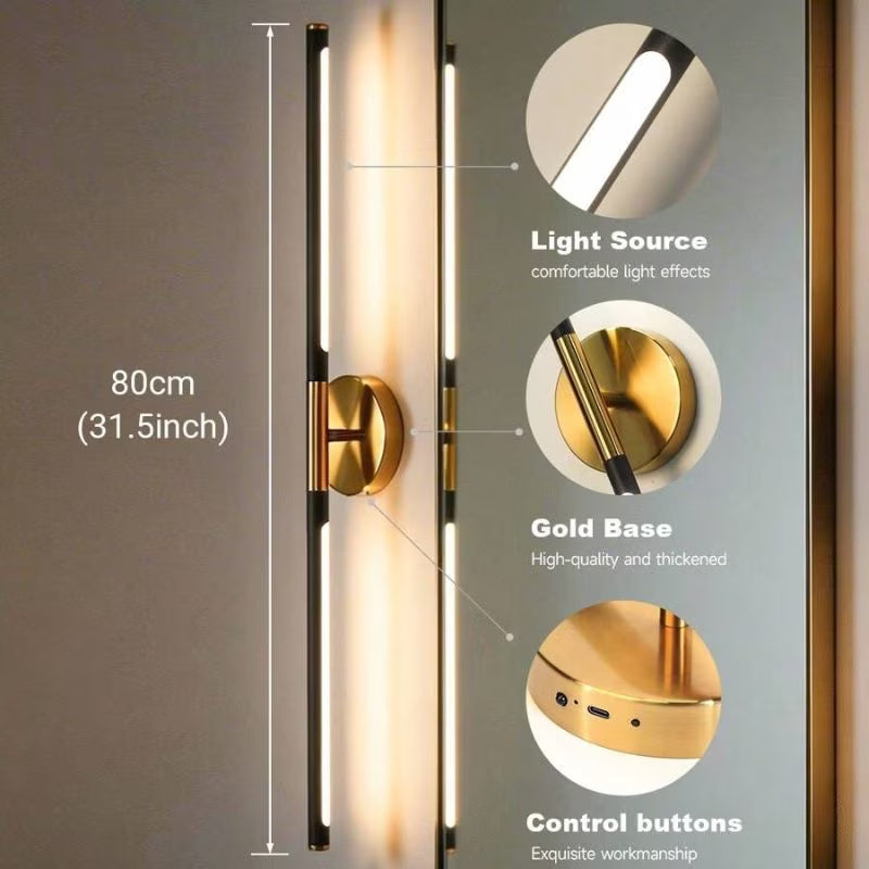 1pc 80cm USB-C Rechargeable LED Wall Lamp - Black & Gold, Remote Control, Dimmable 3-Color Lighting, Timer Function, Power Button, Wall-Mountable & Magnetic, Modern Sconce for Bedroom, Office, Living Room & Bathroom