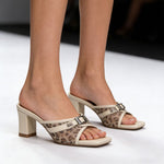 Women's Leopard Print Mule Sandals – Crisscross Straps, Square Toe, High Heel