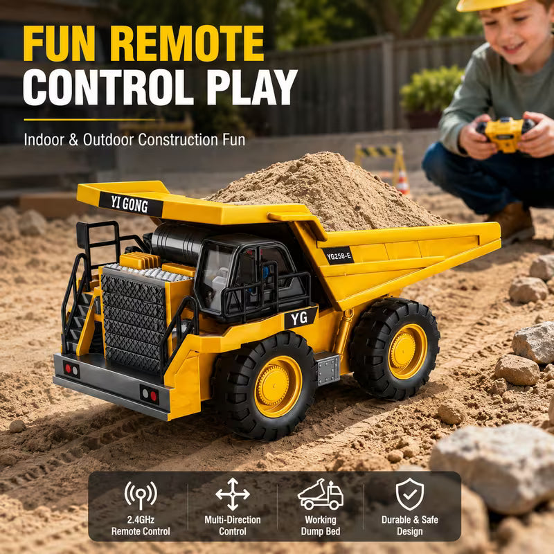 Remote Control Dump Truck Toy - Yellow 2.4GHz 9-Channel RC Construction Truck, Engineering Vehicle Toy for Kids Ages 6+, Construction Pretend Play Truck, Interactive Toy Vehicle