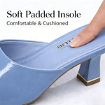 Women's Patent Mule Slides – Open Toe, Block Heel, Golden Trim Detail