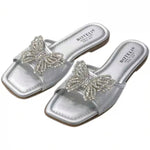Women’s Rhinestone Butterfly Slide Sandals – Square-Toe Flat Summer Shoes