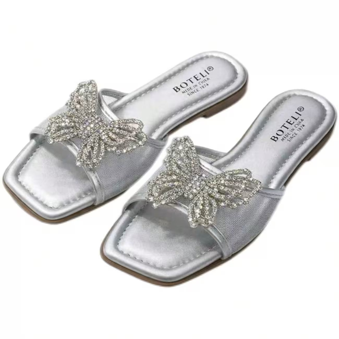 Women’s Rhinestone Butterfly Slide Sandals – Square-Toe Flat Summer Shoes