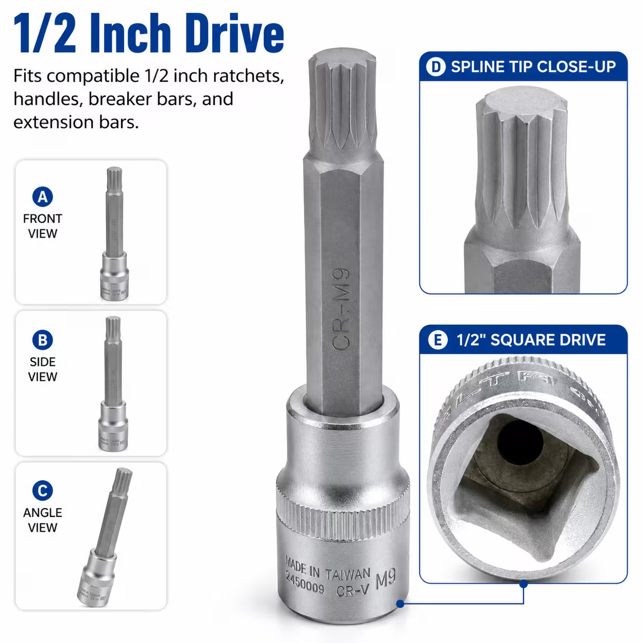 M9 Spline Bit Socket 1/2 Inch Drive (Silver) - 4 Inch Long CR-V Metal Triple Square Socket Tool for Ratchet, Car Repair & Workshop Maintenance