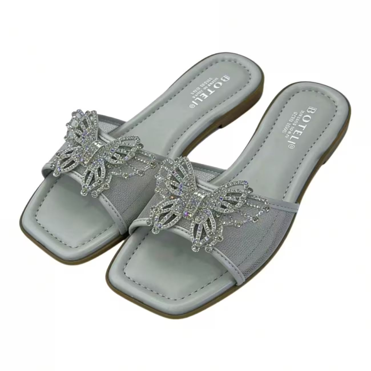 Women’s Rhinestone Butterfly Slide Sandals – Square-Toe Flat Summer Shoes