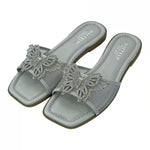 Women’s Rhinestone Butterfly Slide Sandals – Square-Toe Flat Summer Shoes