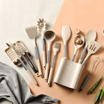 13-Piece Silicone Kitchen Utensil Set with Stainless Steel Handles & Drain Rack