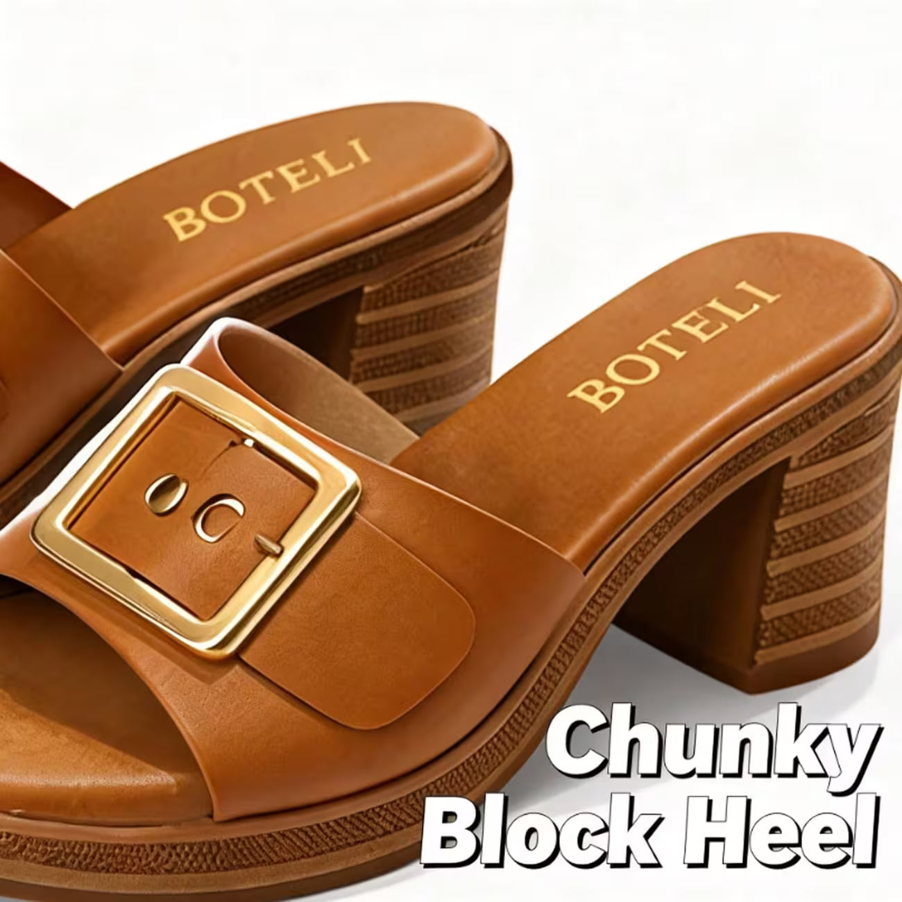 Women’s Metal Buckle Mule Sandals – Retro Wood-Texture Block Heel Slip-On Shoes