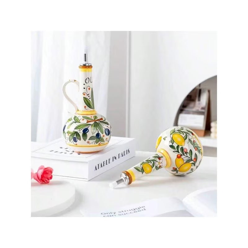Ceramic Olive Oil & Vinegar Dispenser – Decorative Round Kitchen Bottle