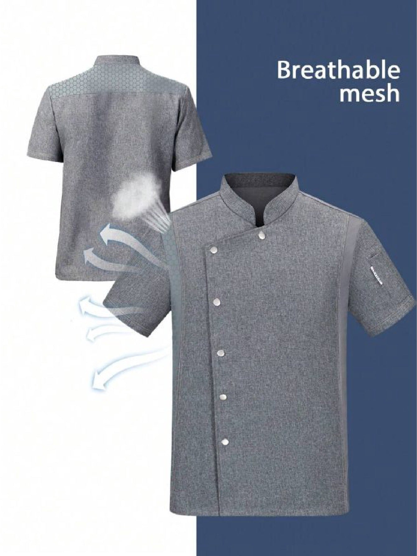 Men’s Short-Sleeve Breathable Gray Chef Jacket in Grey (Size: AE XXS) – Neck Button-Front Summer Mesh Uniform
