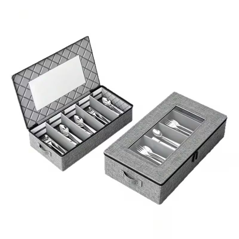 Large-Capacity Dinnerware Organizer – 5 Compartments with Dust-Proof Lid, Gray Linen Design