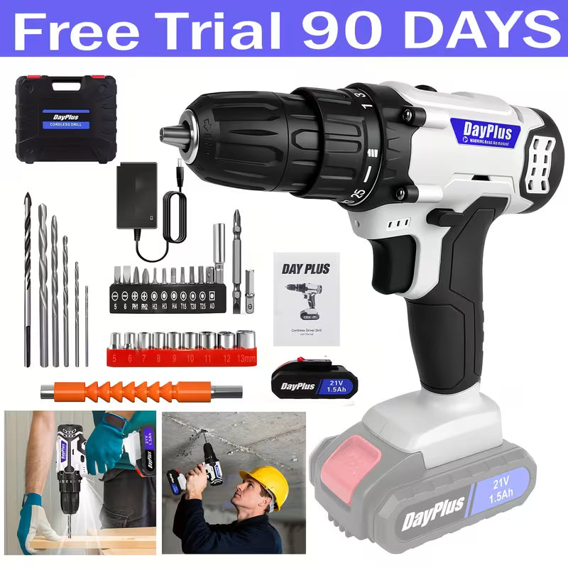 21V Electric Drill - Black/White, 1500mAh Lithium-Ion Impact Drill, 25+1 Torque Settings, 45MN Torque, 0-400/1400RPM Dual Speed, LED Light, 30pcs Drill Bit Set, Multifunctional Cordless Drill for Wood, Metal, Tile & Wall