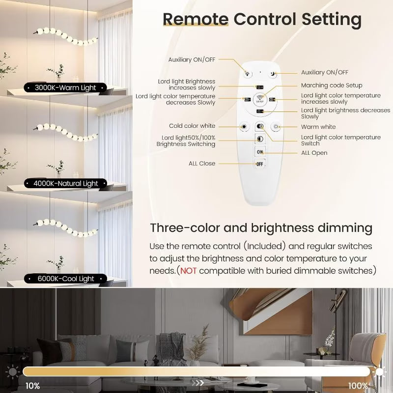 Modern Wave Shape LED Chandelier - Black & White, 18W Acrylic Ball Linear Pendant Light, Adjustable Height, Remote Dimming, 3000K-6000K, Modern Hanging Ceiling Light for Dining Room, Hall & Study