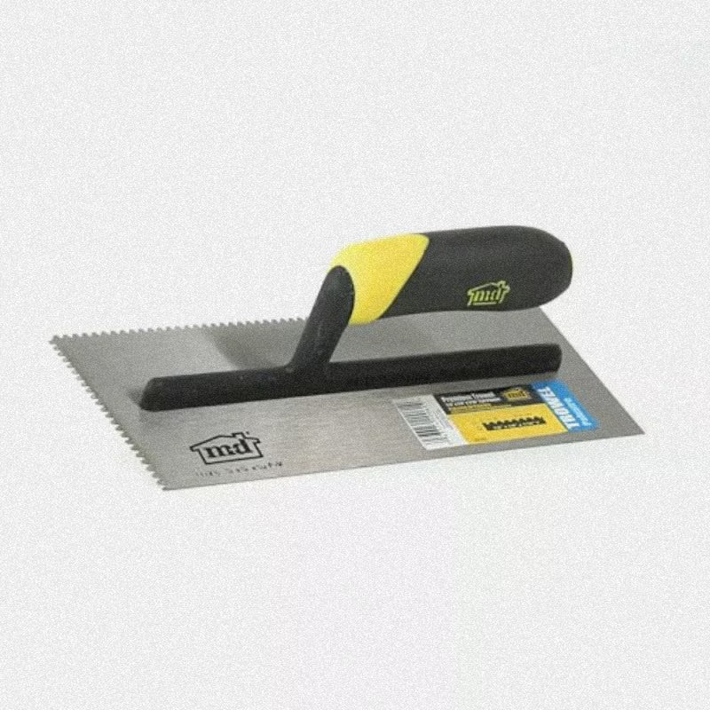Premium Flat V-Notch Trowel - Silver Blade with Black & Yellow Handle, 1/8" x 1/8" x 1/16" Notch, Stainless Steel Blade, Ergonomic Rubber Handle, Mortar Spreader for Floors & Walls