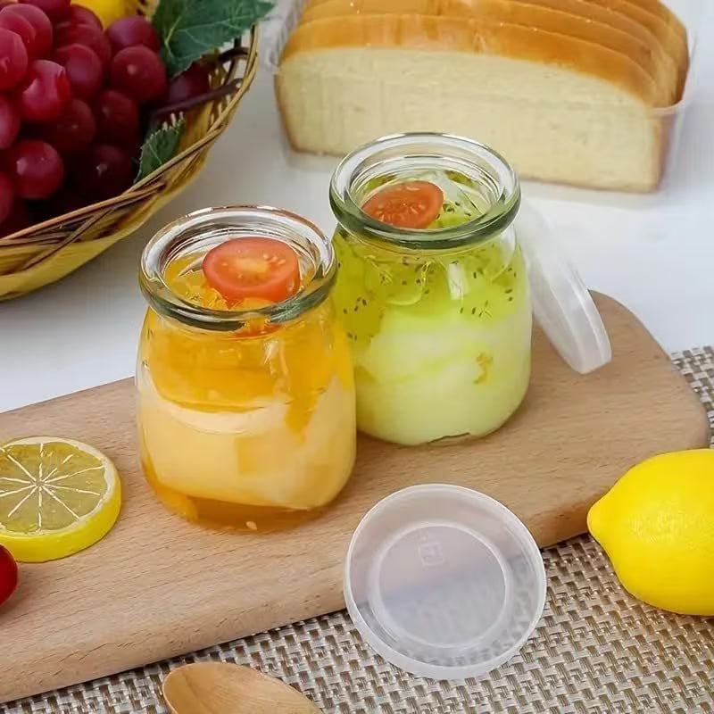 LUXORAQ 6-Piece Glass Yogurt Jars – 100ml Reusable Containers with Lids