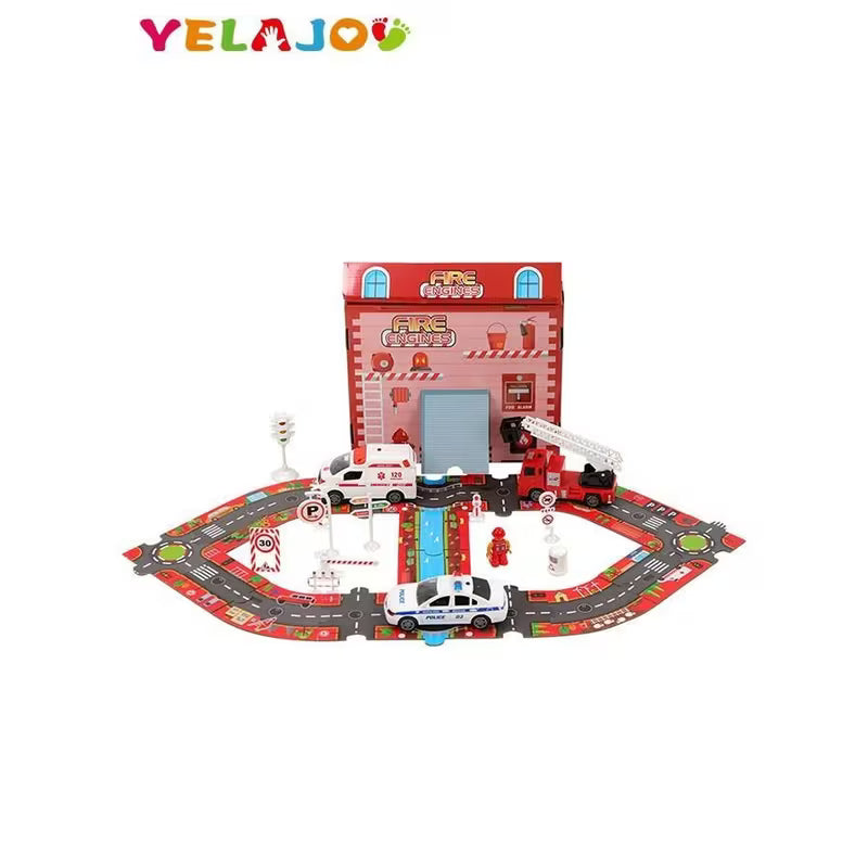 3D Puzzle Track Toy Set - Red/Blue Electric Urban Rescue Cars with Lights & Sounds, Fire & Police Theme Puzzle Toys, Interactive Racing Track Playset for Kids, Creative Educational Game