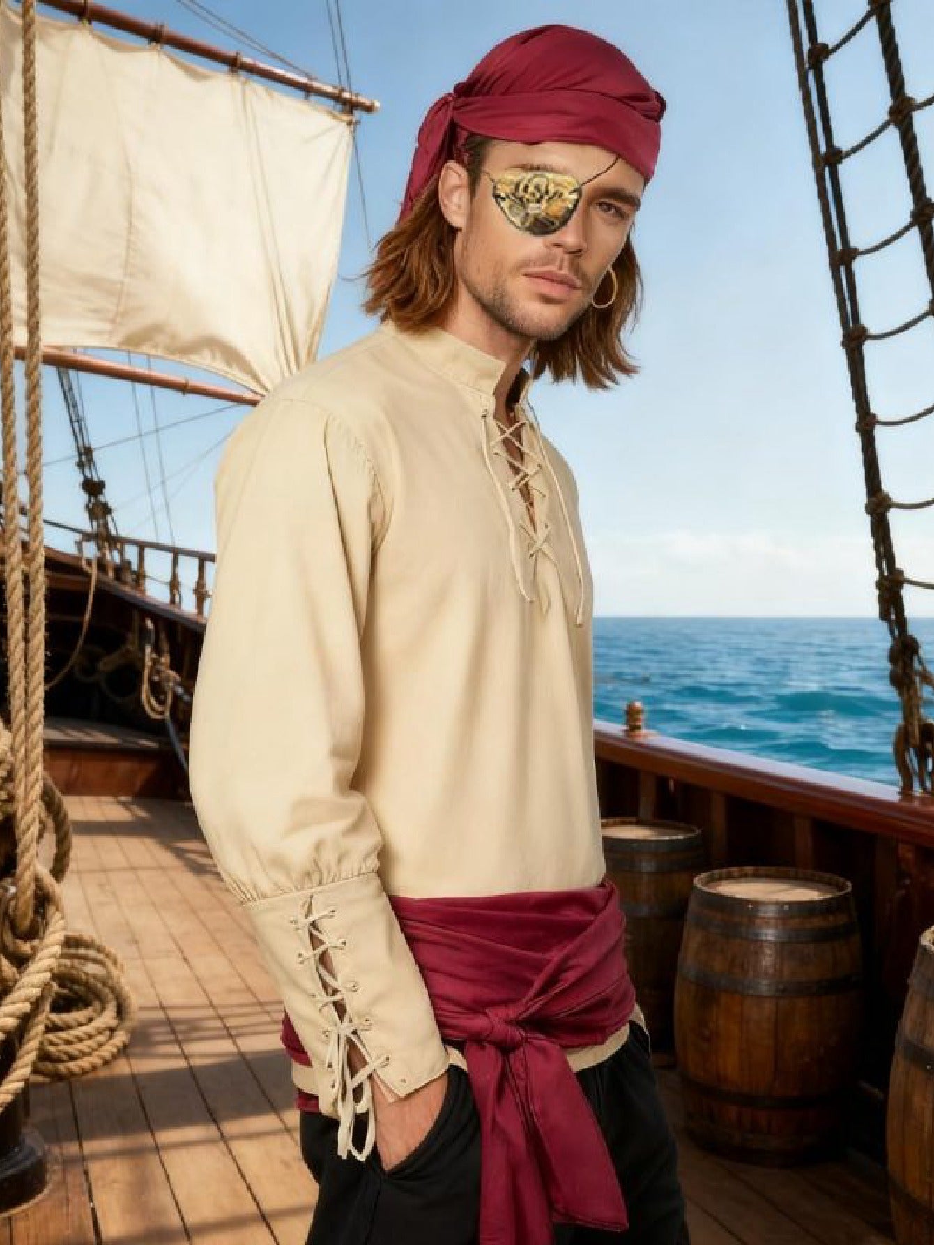Men’s Medieval Pirate Costume Set – Retro Renaissance Shirt & Pants with Scarf & Accessories