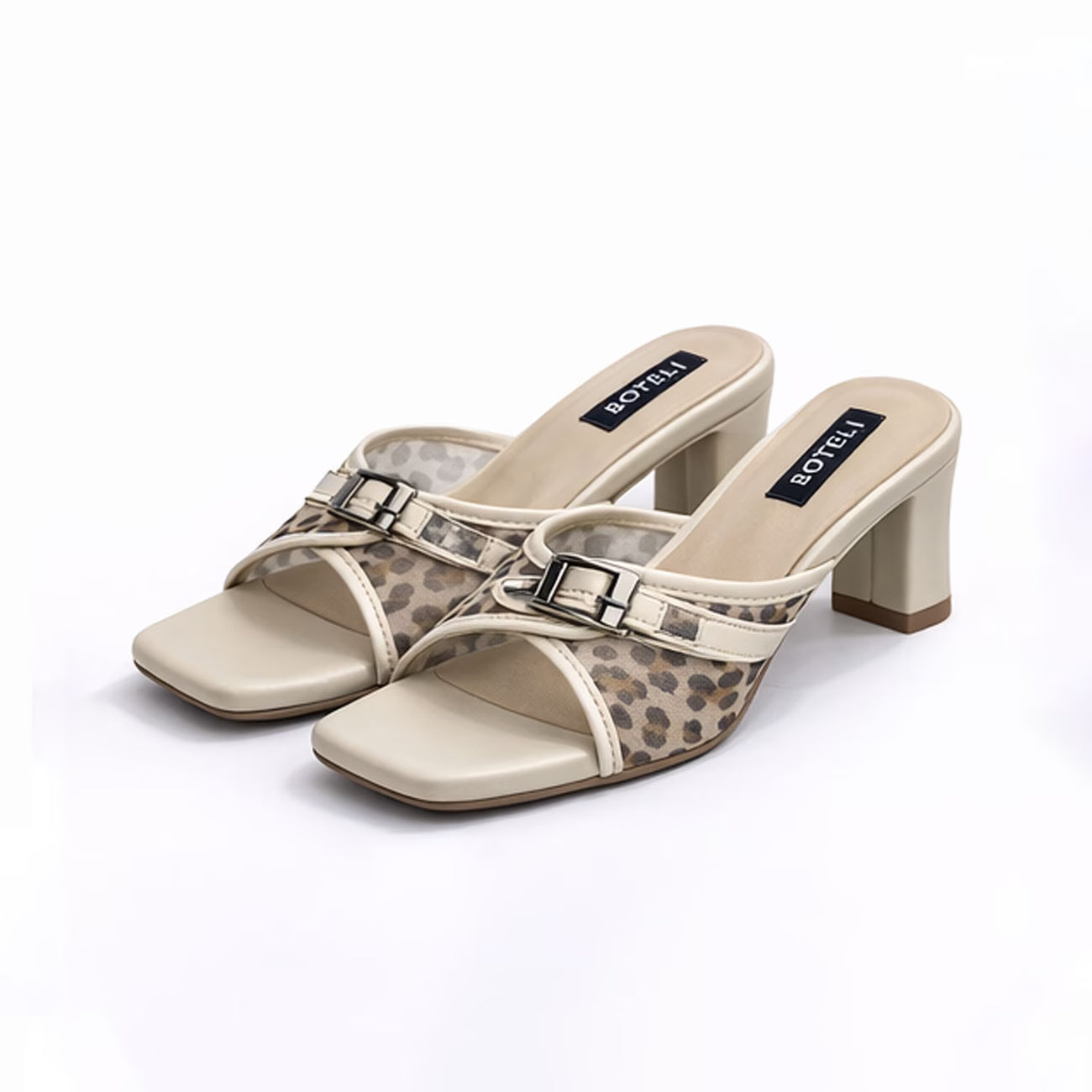 Women's Leopard Print Mule Sandals – Crisscross Straps, Square Toe, High Heel