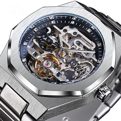 Forsining Silver Skeleton Watch – Luxury Automatic 3D Dial, Stainless Steel, Diamond Accents