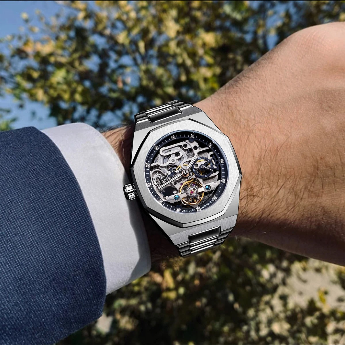 Forsining Silver Skeleton Watch – Luxury Automatic 3D Dial, Stainless Steel, Diamond Accents