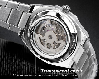 Forsining Silver Skeleton Watch – Luxury Automatic 3D Dial, Stainless Steel, Diamond Accents