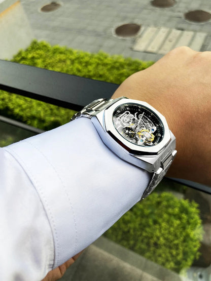 Forsining Silver Skeleton Watch – Luxury Automatic 3D Dial, Stainless Steel, Diamond Accents