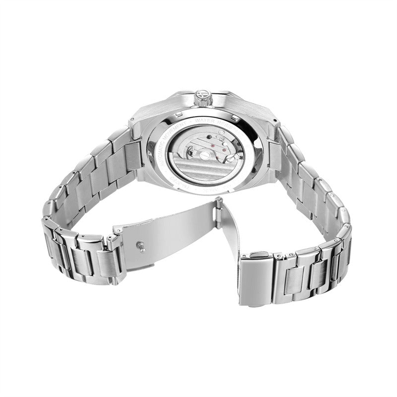 Forsining Silver Skeleton Watch – Luxury Automatic 3D Dial, Stainless Steel, Diamond Accents