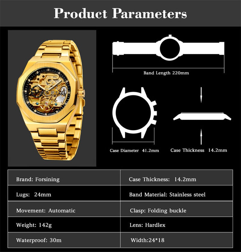 Forsining Silver Skeleton Watch – Luxury Automatic 3D Dial, Stainless Steel, Diamond Accents