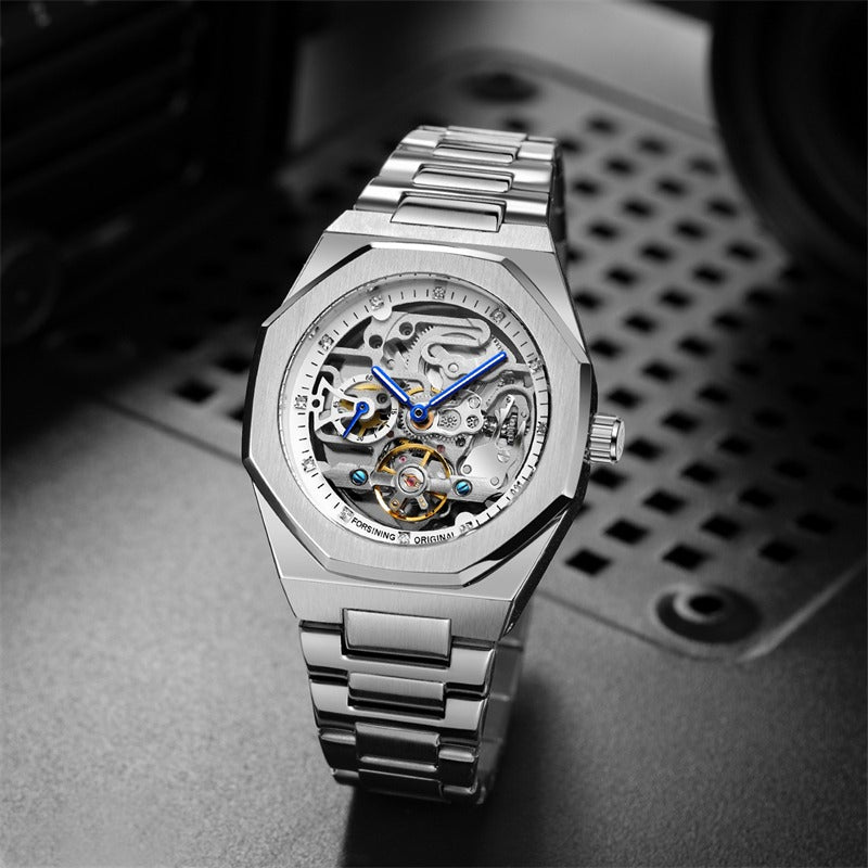 Forsining Silver Skeleton Watch – Luxury Automatic 3D Dial, Stainless Steel, Diamond Accents