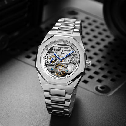 Forsining Silver Skeleton Watch – Luxury Automatic 3D Dial, Stainless Steel, Diamond Accents