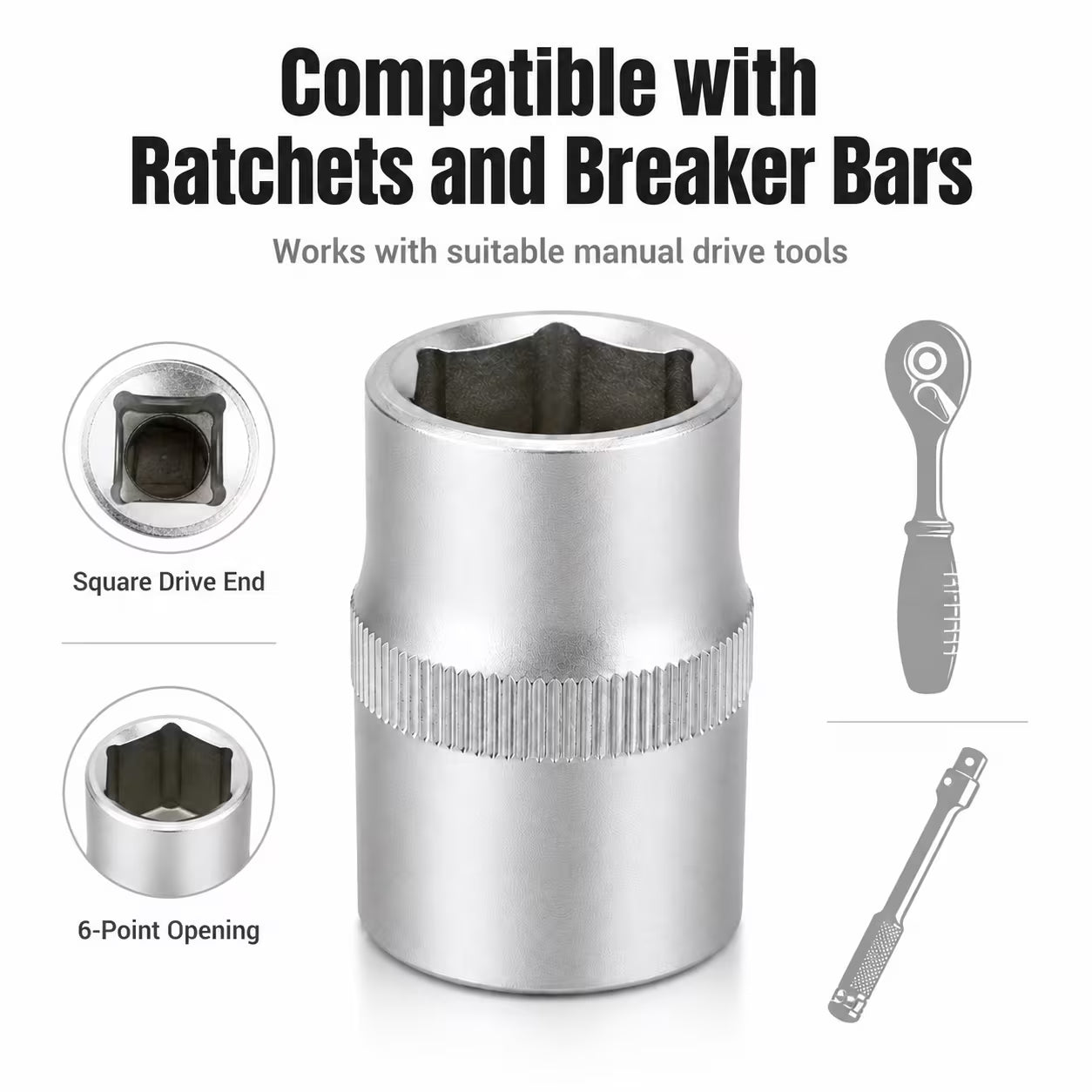 1/2-Inch Socket – Silver, 1/2-Inch Square Drive, 6-Point CR-V Chrome Vanadium Steel Socket for Ratchet, Breaker Bar & Automotive Repair