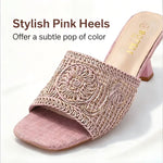 Women's Square-Toe Mule Sandals – Embroidered Mesh, Spool Heel, Golden Thread Detail