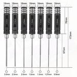 7pcs Hex Screwdriver Set - Black, 0.9mm, 1.27mm, 1.3mm, 1.5mm, 2.0mm, 2.5mm & 3.0mm Precision Hex Tools, Aluminum Alloy Handle, RC Model Repair Kit for Cars, Boats, Helicopters & Drones