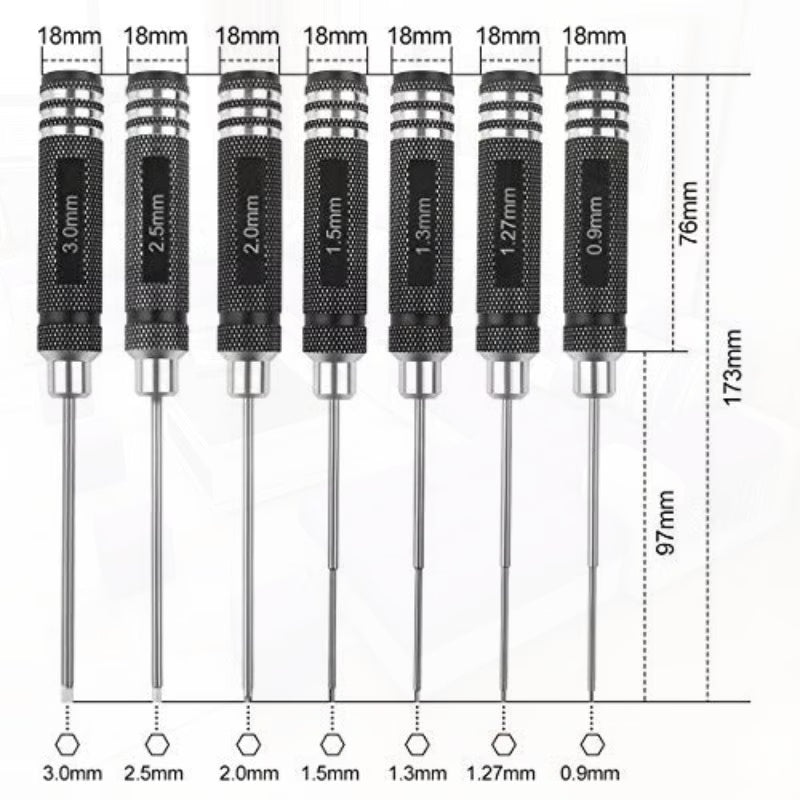 7pcs Hex Screwdriver Set - Black, 0.9mm, 1.27mm, 1.3mm, 1.5mm, 2.0mm, 2.5mm & 3.0mm Precision Hex Tools, Aluminum Alloy Handle, RC Model Repair Kit for Cars, Boats, Helicopters & Drones