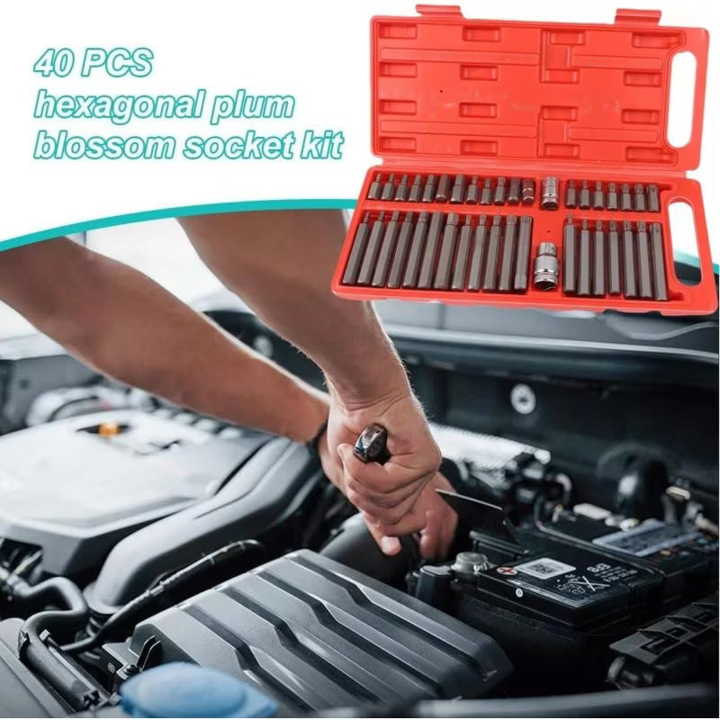 40pcs Torx Screwdriver Socket Kit - Default, Plum Bit, Hex & Spline Socket Set, 1/2" & 3/8" Drive Screwdriver Sockets, Metal Torx Tool Set for Workshop, Factory & Automotive Repair