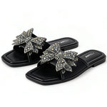 Women’s Square-Toe Rhinestone Bow Slide Sandals – Cushioned Flat Slip-On Shoes
