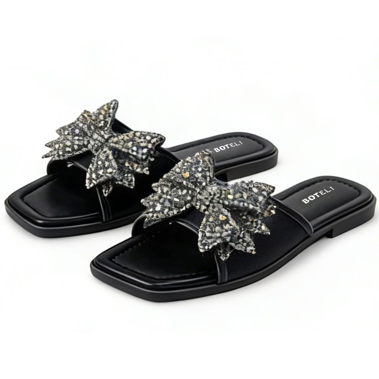 Women’s Square-Toe Rhinestone Bow Slide Sandals – Cushioned Flat Slip-On Shoes