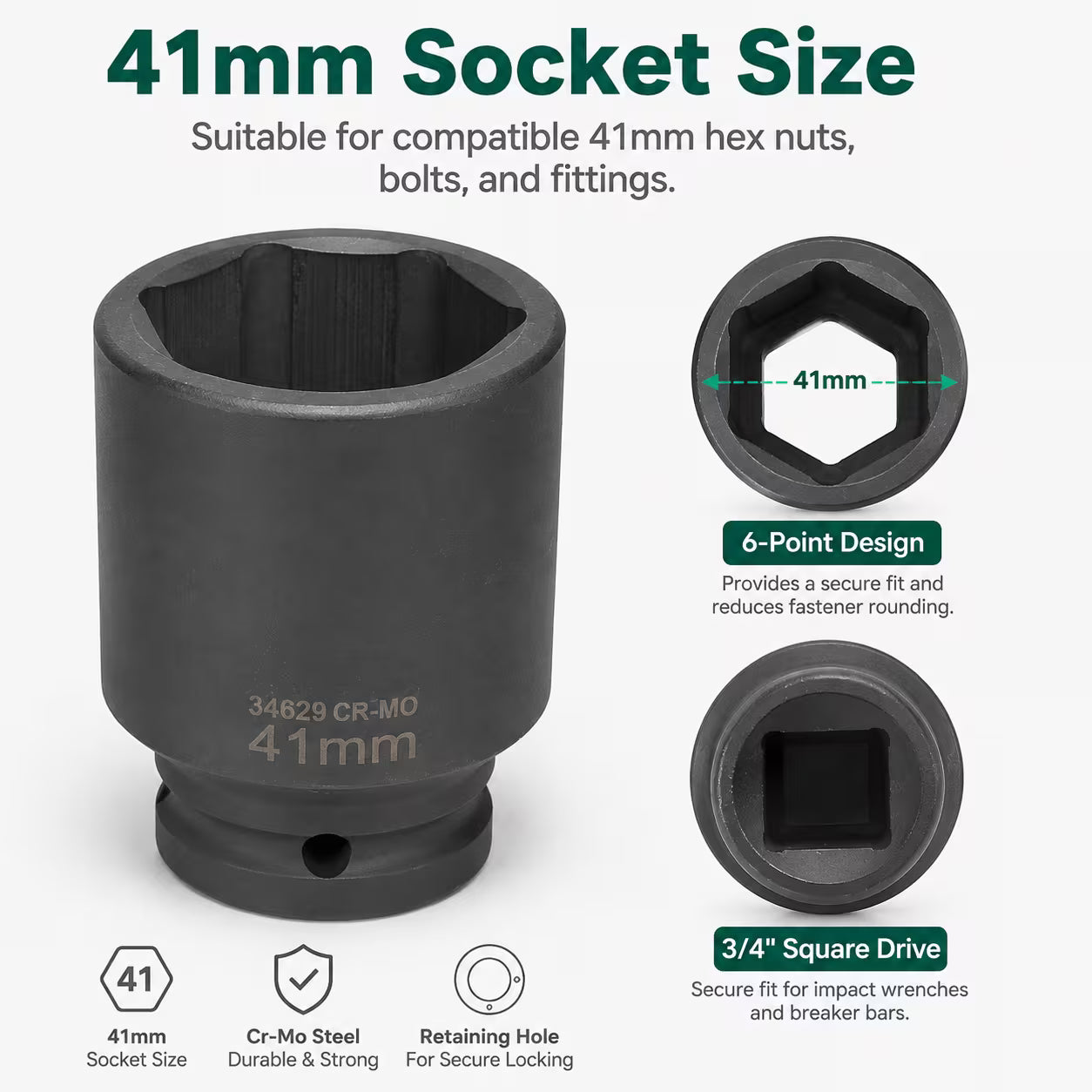 41mm Deep Impact Socket - Black, 3/4 Inch Square Drive, Cr-Mo Steel 6-Point Socket, Heavy-Duty Deep Socket for Impact Wrench, Ratchet & Breaker Bar, Automotive & Machinery Repair