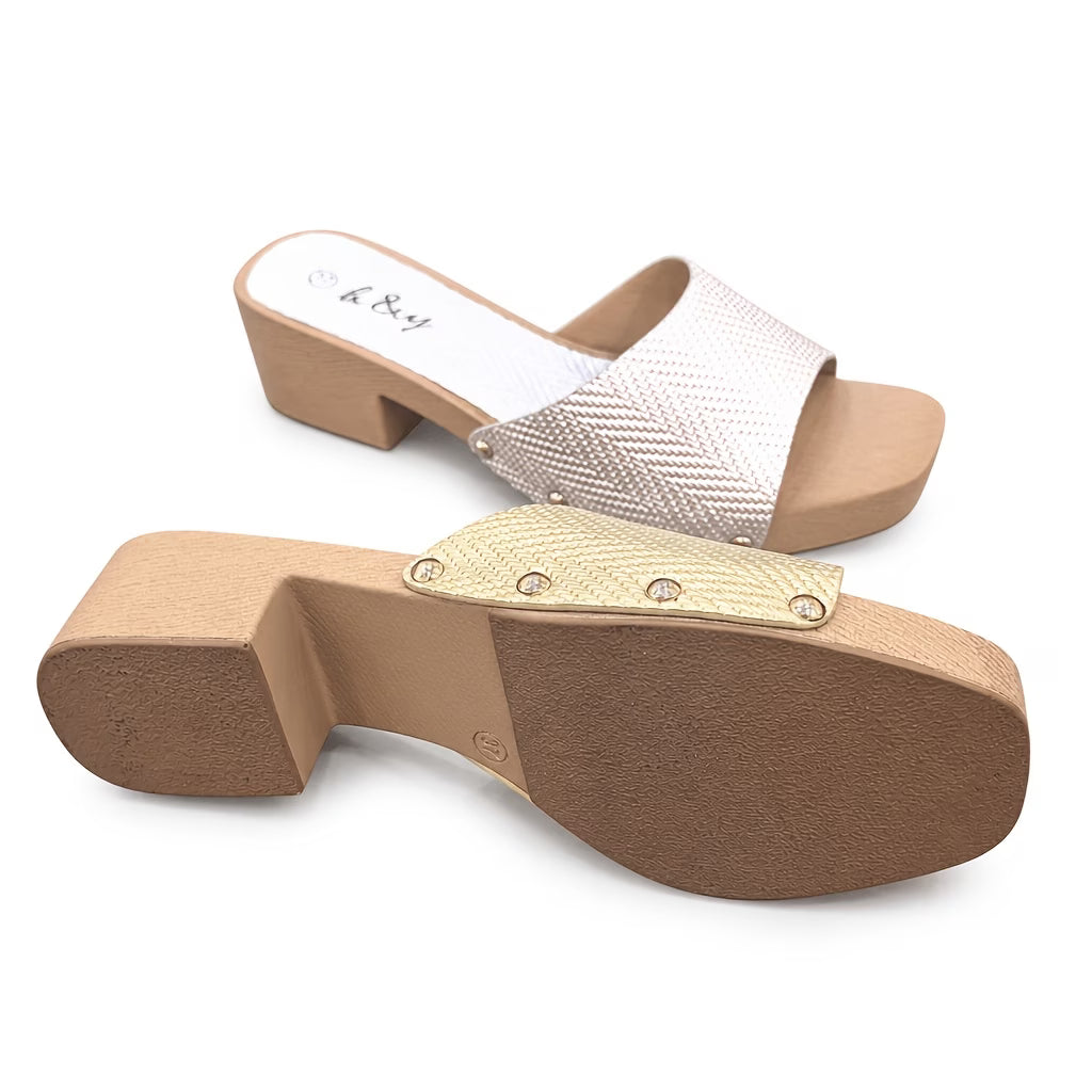 Women's Woven Rattan Mule Slides – Metallic Square Toe, Block Heel Sandals