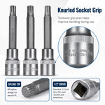 M9 Spline Bit Socket 1/2 Inch Drive (Silver) - 4 Inch Long CR-V Metal Triple Square Socket Tool for Ratchet, Car Repair & Workshop Maintenance