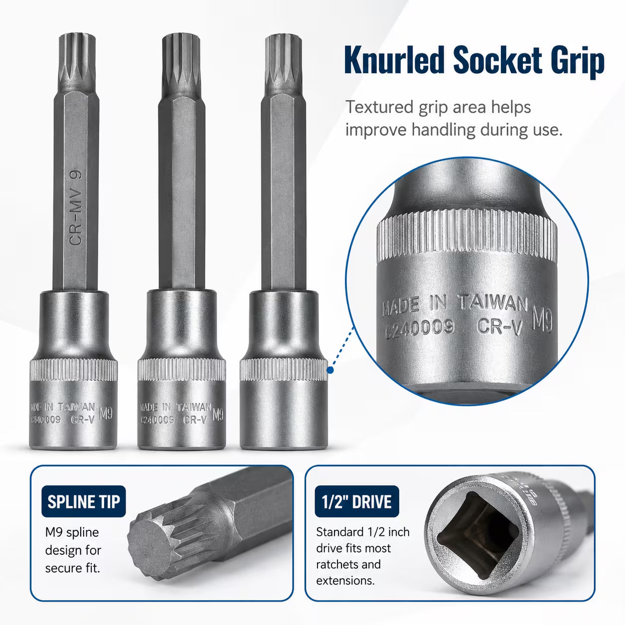 M9 Spline Bit Socket 1/2 Inch Drive (Silver) - 4 Inch Long CR-V Metal Triple Square Socket Tool for Ratchet, Car Repair & Workshop Maintenance