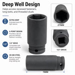 27mm Deep Impact Socket – Black, 1/2-Inch Drive, Long CR-Mo 6-Point Socket for Impact Wrench, Ratchet & Automotive Repair