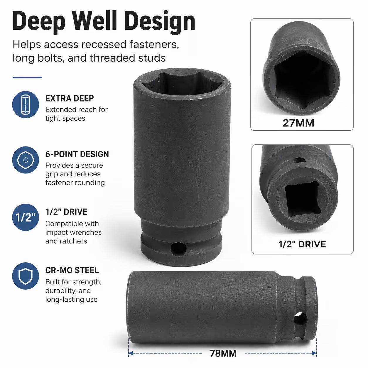 27mm Deep Impact Socket – Black, 1/2-Inch Drive, Long CR-Mo 6-Point Socket for Impact Wrench, Ratchet & Automotive Repair