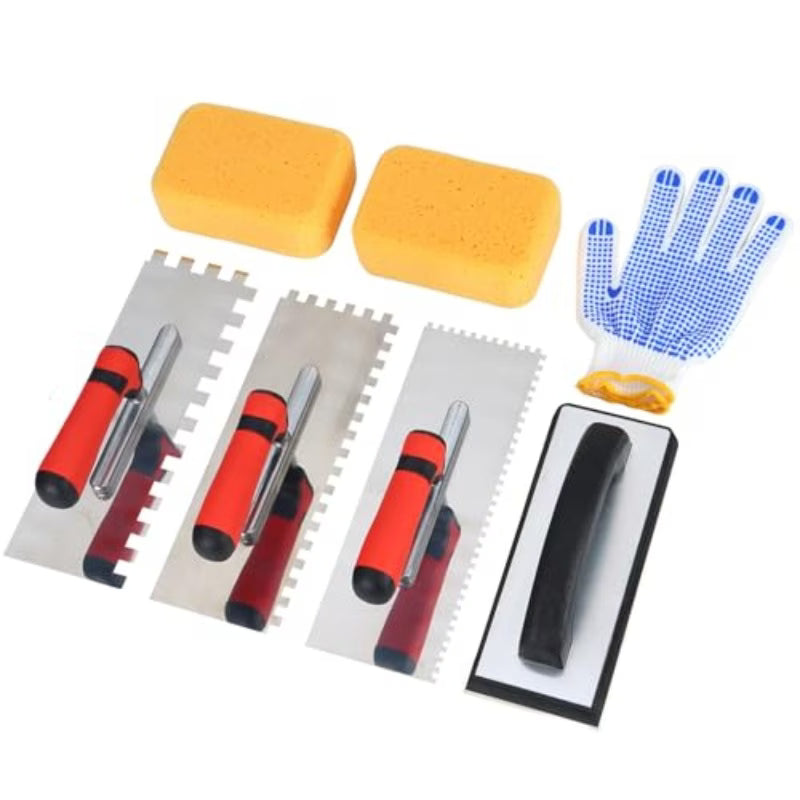Square Notched Tile Trowel Set - Trowel & Float Set, 3 Stainless Steel Notched Trowels, Rubber Grout Float, 2 Grout Sponges & Work Gloves, Masonry Tiling Tools for Flooring Installation